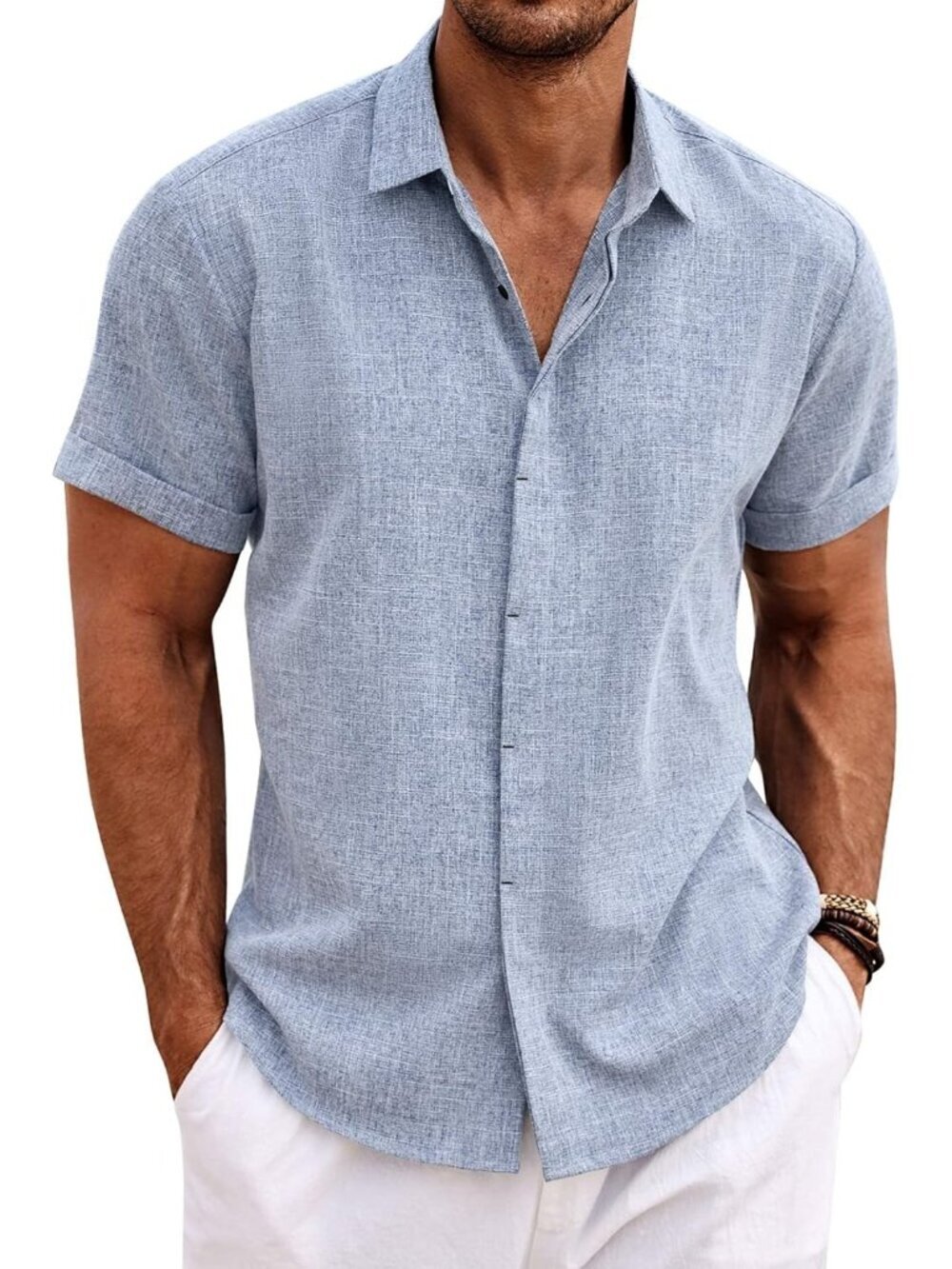Men's Light Denim Blue Classic Beach Linen Short Sleeve Casual Imported Shirt
